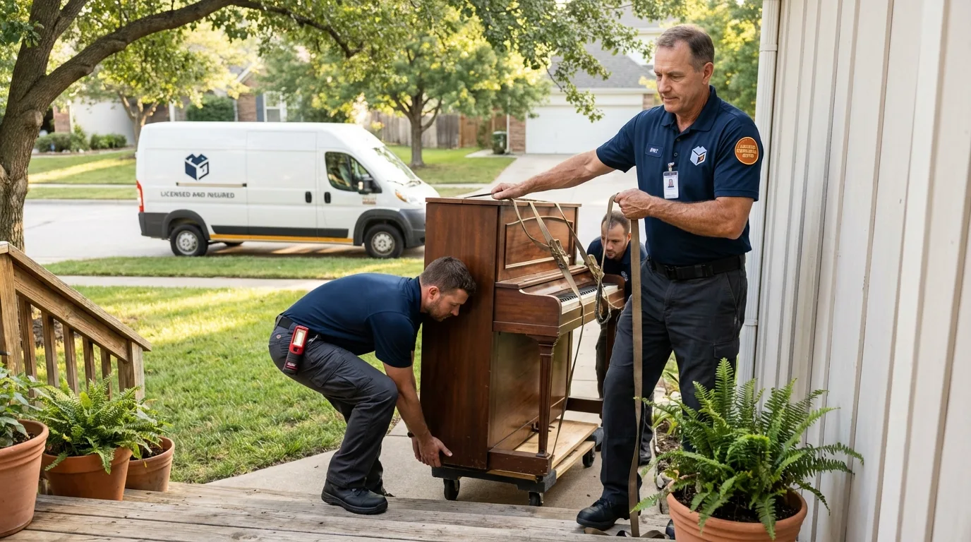 Licensed piano movers securing grand piano in Lyons, KS