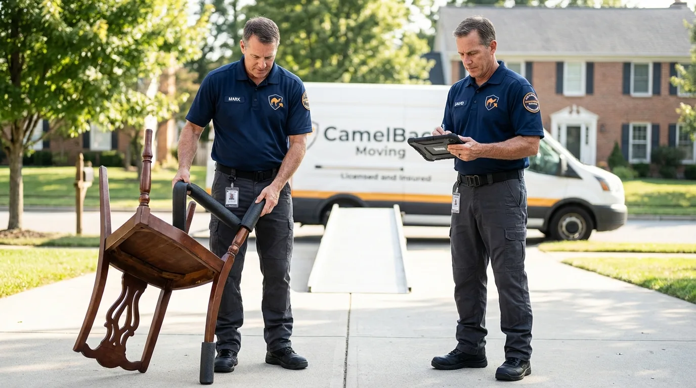 Movers inspecting furniture for damage prevention before loading in Lyons, KS