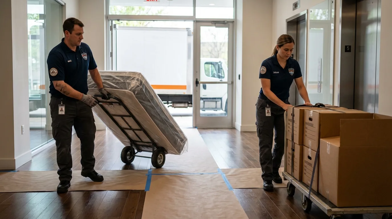 Professional apartment movers loading elevator in Lyons, KS