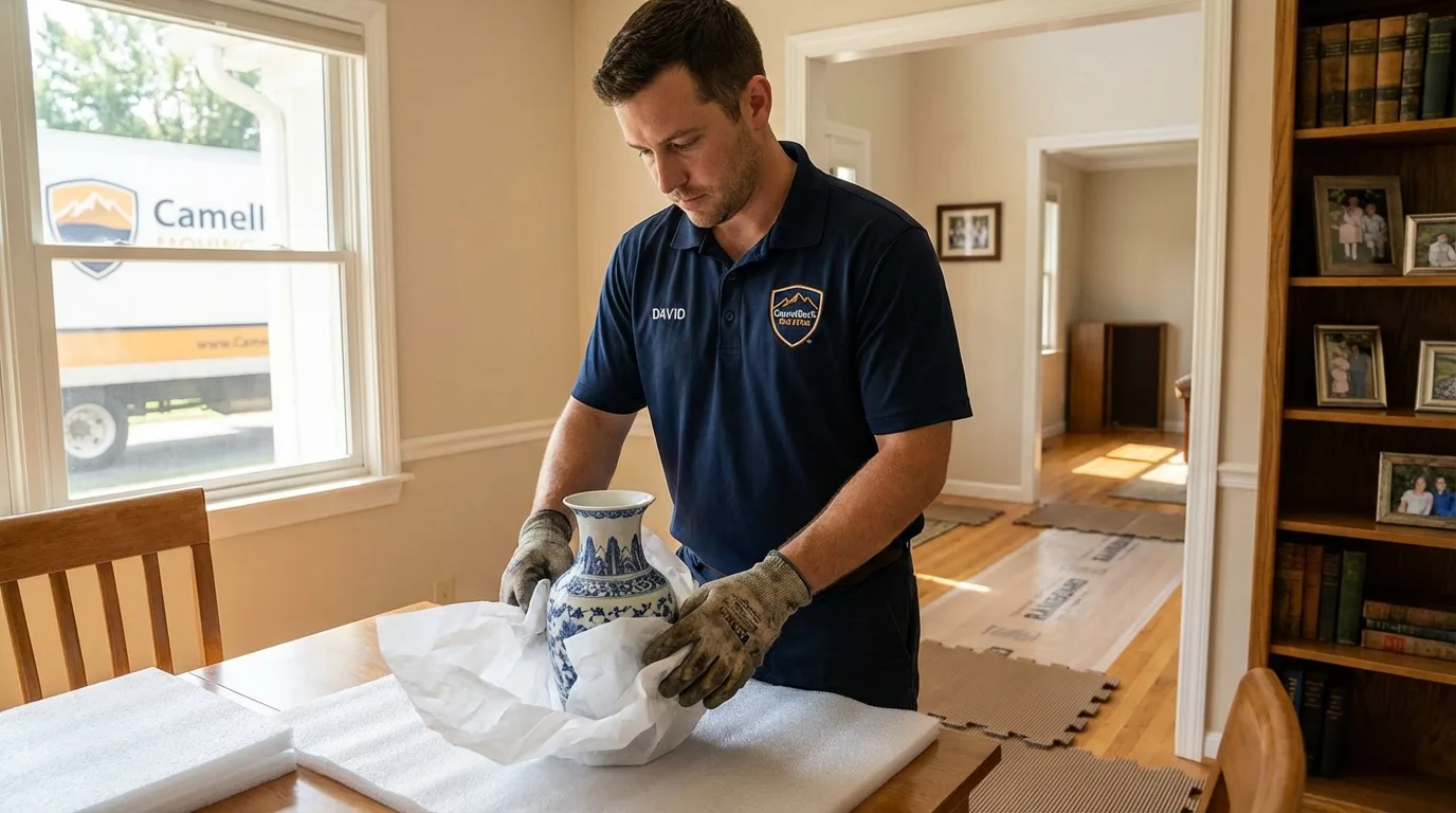 Professional crew carefully wrapping antique vase for senior downsizing move in Lyons, KS