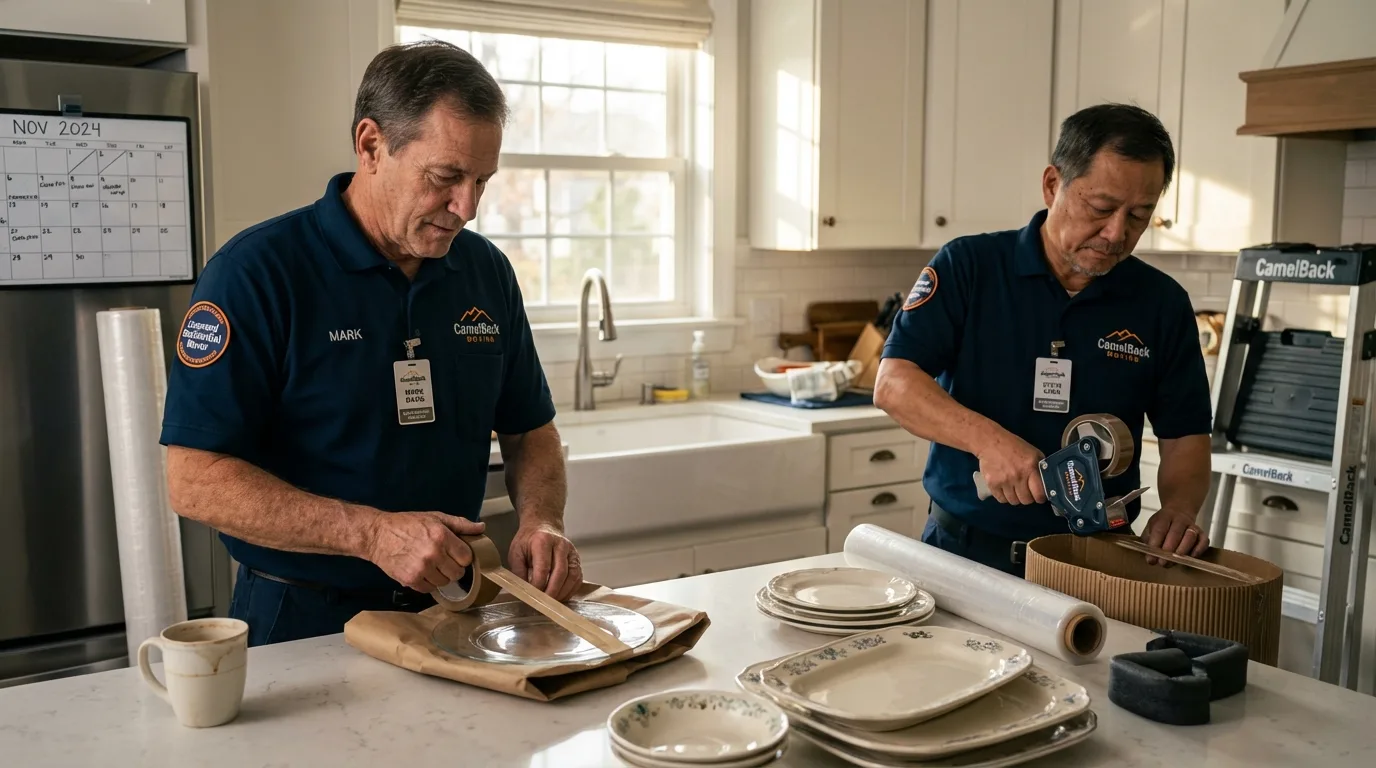 Professional crew packing kitchen dishware in Lyons, KS